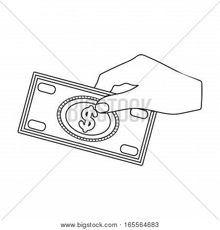 Hands giving money icon in outline design isolated on white background. Charity and donation symbol stock vector illustration.