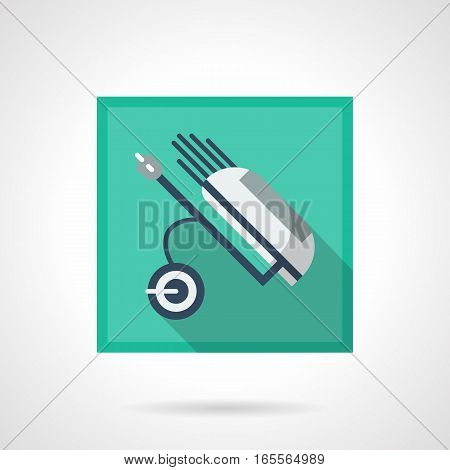 Golf club equipment and elements. Symbol of white wheeled bag with kit of putters and sticks. Golfing concept. Stylish square flat design vector icon with long shadow.