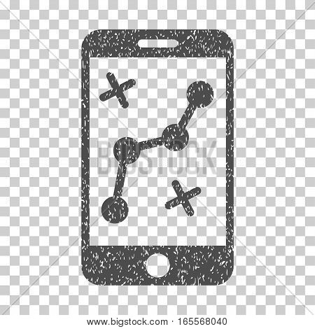 Route Smartphone grainy textured icon for overlay watermark stamps. Flat symbol with dirty texture. Dotted vector gray ink rubber seal stamp with grunge design on a white background.