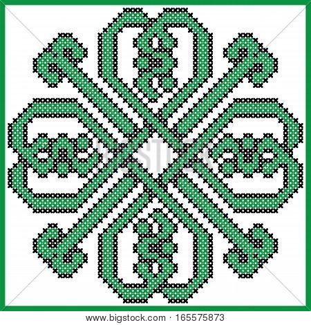 Celtic endless knot in clover with hearts elements in tile  shape in black and green cross stitch pattern  inspired by Irish St Patrick's day and ancient Scottish culture