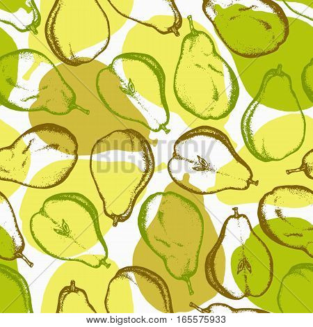 Seamless pattern with pears. Harvest background with pears. Ink. Hand drawn. Kitchen background.