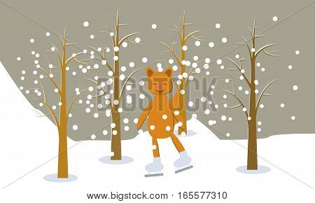 Winter ladscape with a skating fox vector drawn card. Funny illustration.