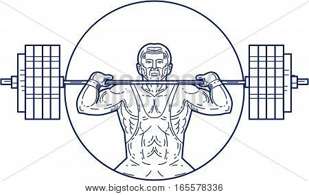 Mono line style illustration of a strongman lifting heavy weight barbell set inside circle viewed from front.