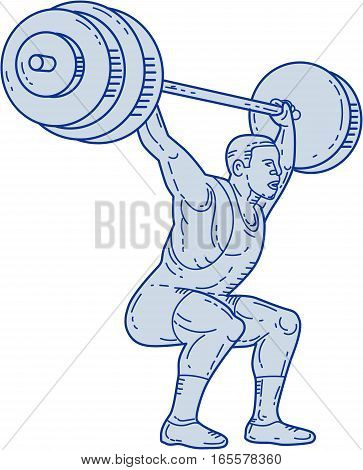 Mono line style illustration of a weightlifter lifting barbell weights with both hands set on isolated white background.
