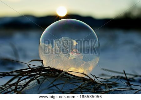 Frozen soap bubble. Cold winter liquid ball experiment. Freezing water with icy patter texture