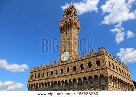 Old Palace Called Palazzo Vecchio And Clock Tower In Florence It