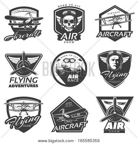 Vintage aircraft labels collection with airplanes pilots skull propellers in monochrome style isolated vector illustration