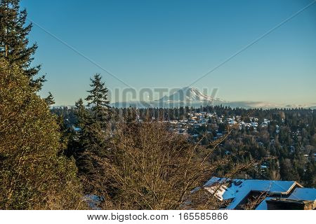 A veiw of Mount Rainier in January from Burien Washington.