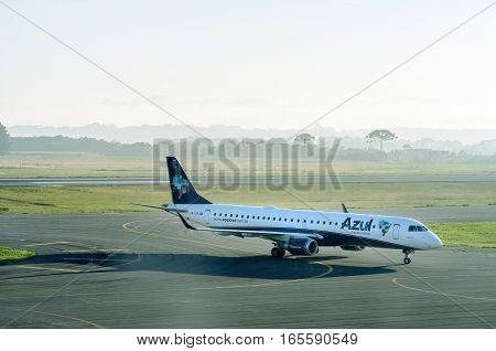 Curitiba, PR, Brazil - December 26, 2016: Azul Airlines plane preparing to stop at Internacional Afonso Pena airport in Curitiba.