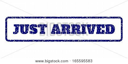Navy Blue rubber seal stamp with Just Arrived text. Vector caption inside rounded rectangular shape. Grunge design and scratched texture for watermark labels. Horisontal emblem on a white background.