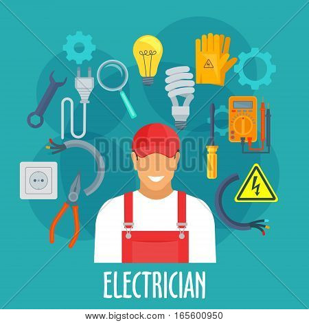 Electrician profession poster. Vector electrician man in uniform with electricity repair tools and items safety gloves, screwdriver and wrench, pliers, ampermeter or voltmemer, eclectic lamp cable, magnifying glass, plug and socket, danger sign