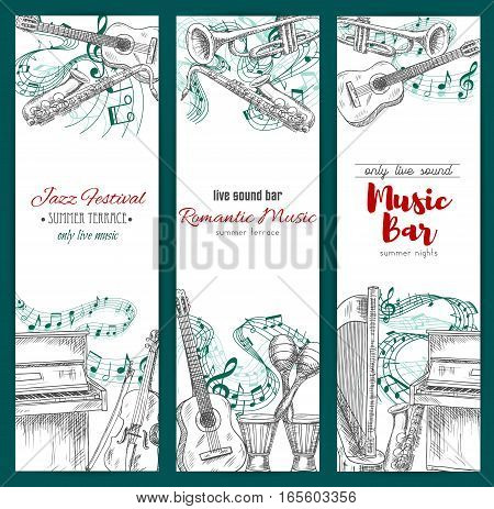 Musical festival, music bar banners set. Vector sketch musical instruments jazz saxophone, acoustic guitar and piano with violin bow, maracas and ethnic drums, harp and trumpet with music notes stave for live sound play