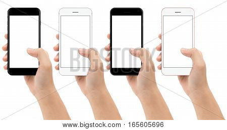 hand holding phone mobile isolated on white background clipping path inside mock-up smartphone color set white screen easy adjust text