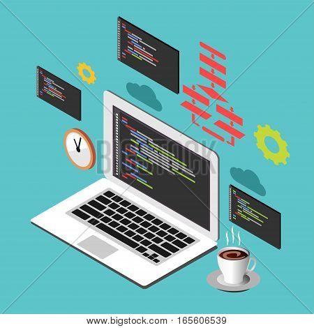Programming or coding concept. Modern isometric illustration for Web Banner Website Element Brochures or Book cover