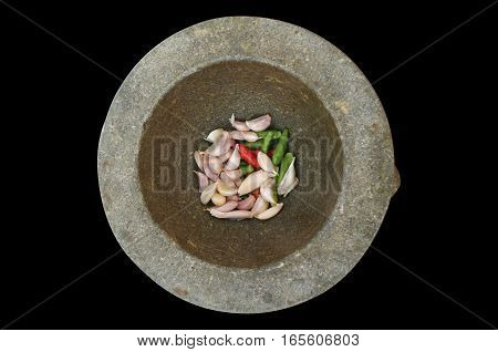Thai ingredient  garlic and chile paprika in mortar