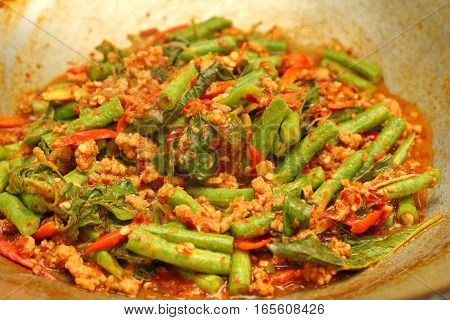 Cooking , Spicy Fried Cowpea With Minced Pork , Pad Ped Tua .