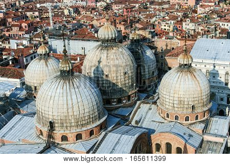 view to the roof of San Marco and the city of Venice from the campanile