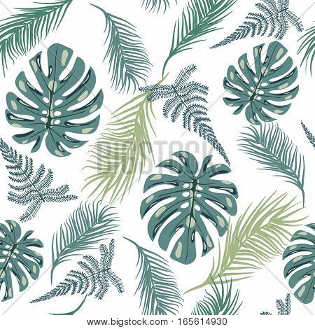 Vector background tropical trendy seamless pattern with exotic plant leaves illustration.