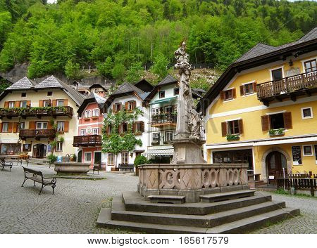 The picturesque Marktplatz or Market Square, UNESCO World Heritage village of Hallstatt, Austria