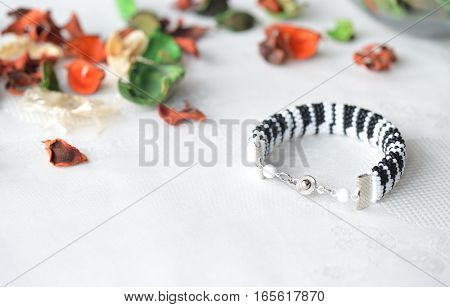 Beaded Crochet Bracelet Like Piano Keyboard Close Up