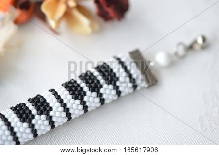 Beaded Crochet Bracelet Like Piano Keyboard Close Up