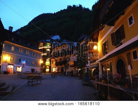 Breathtaking Evening View of Marktplatz or Market Square, UNESCO World Heritage village of Hallstatt in Austria