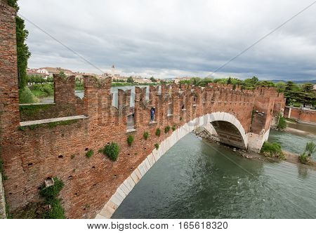 The Ponte Pietra (Stone Bridge) once known as the Pons Marmoreus is a Roman arch bridge crossing the Adige River in Verona Italy. The bridge was completed in 100 BC