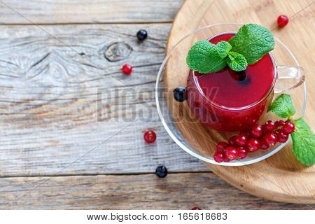 Russian Currant Kissel And Mint In A Glass Cup.
