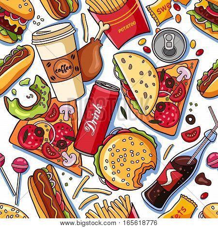 Vector seamless pattern with american fast food. Fun and bright colorful background