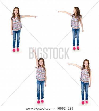 Collection of photos cute little girl is pointing to the side isolated on a white