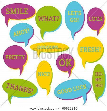 Set of speech bubbles on a white background with different inscriptions in the middle. Speech bubbles with short phrases. Vector illustration.