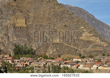Pinkulluna Inca ruins in the sacred valley in the Peruvian Andes. Peru Ollantaytambo.