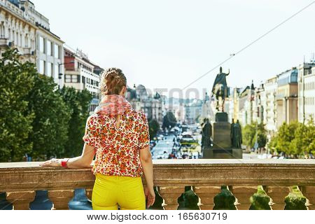 Woman On Vaclavske Namesti In Prague Czech Republic Looking