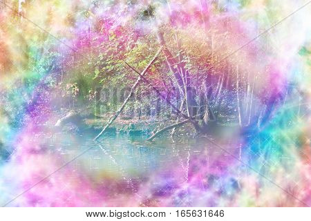 Ethereal Riverside Woodland Scene - rainbow colored riverside woodland path scene with streams of rainbow colored sparkling light making a circular frame around the center