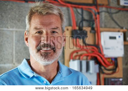 Portrait Of Electrician Standing Next To Fuseboard