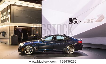DETROIT MI/USA - JANUARY 9 2017: A BMW 5-Series G30 car at the North American International Auto Show (NAIAS).