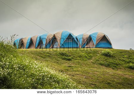 Outdoor activity tents camping among the mountain at Doi Samer Dao Thailand.