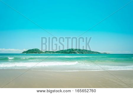 Campeche Island: Beach And An Island In The Background On A Beautiful Sunny Day Landscape.
