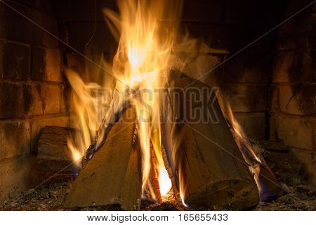 Burning firewood in the fireplace close up Foto