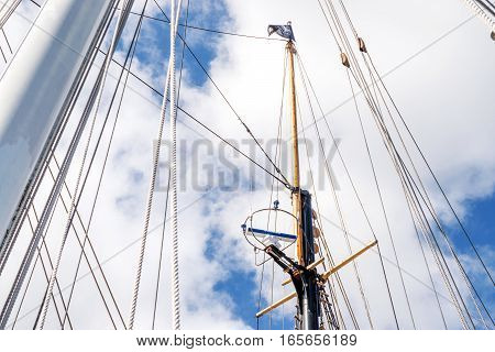 View of the Topmast on a tall ship. Sailing ship rigging detail.