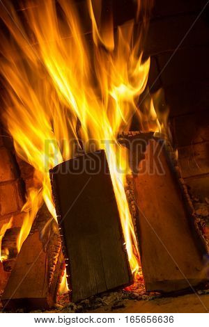Burning firewood in the fireplace close up. Foto