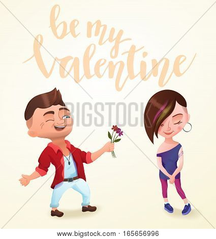 Hipster trendy couple on romantic date on st. Valentine's day. Typographic background with letterrs be my valentine.
