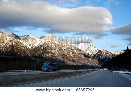 Road in the Evenin in Winter Canadian Rockies Alberta Canada