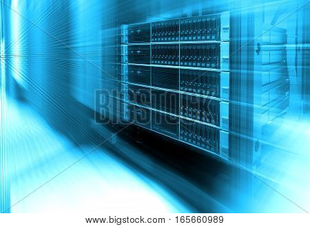 Stand with server hardware and lighting in the server room motion blur