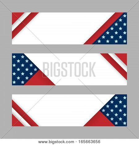 Set of modern vector horizontal banners page headers with stripes and stars in the colors of the American flag. Material design banners for Presidents day USA Independence day national celebrations