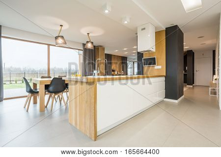 Kitchen interior combined with spacious dining area