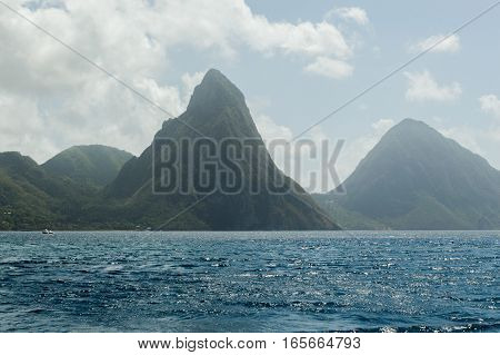 View across the bay at Soufriere to the sea and Piton mountain.