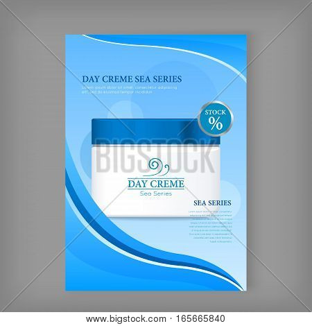 Day cream organic series bottle isolated. Stock. Discount banner. Cosmetic product flasks with logo or symbol on nameplate. Reservoir with label. Part of series of decorative cosmetics items. Vector