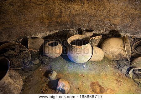 ancient burial urns in underground grave of Tierradentro Colombia