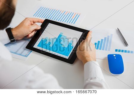 Business person analyzing financial statistics displayed on the tablet
